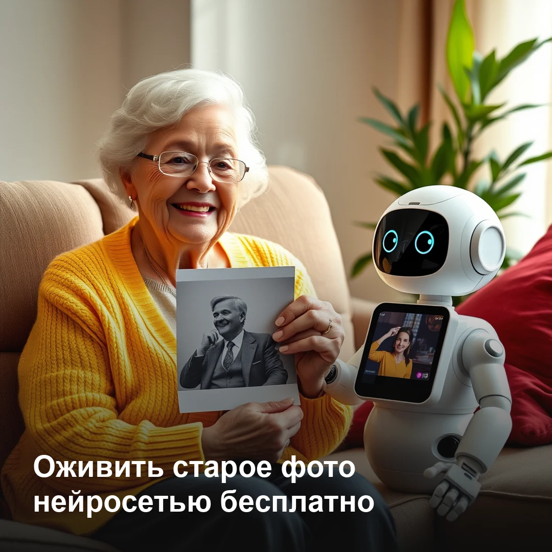 Оживить старое фото нейросетью бесплатно — бабушка смотрит на ожившую старую фотографию рядом с роботом-помощником